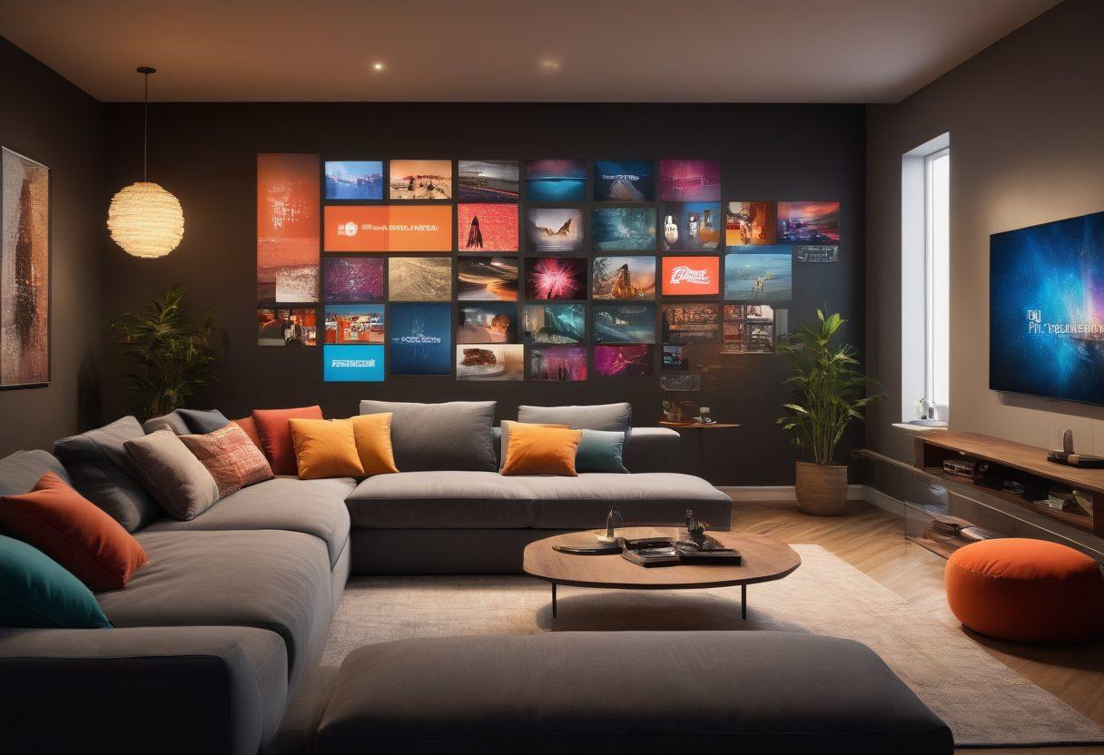 A cinematic split-screen showcasing a modern sleek living room on one side with a couple enjoying a streaming service on a large TV, while on the other side a digital collage of various adult content platforms featuring vibrant logos and stylish interfaces. Include elements of technology like smartphones and laptops scattered around, symbolizing the digital age. The color scheme should be bold and engaging to reflect the theme of a revolution. super-realistic. vibrant colors. cinematic.