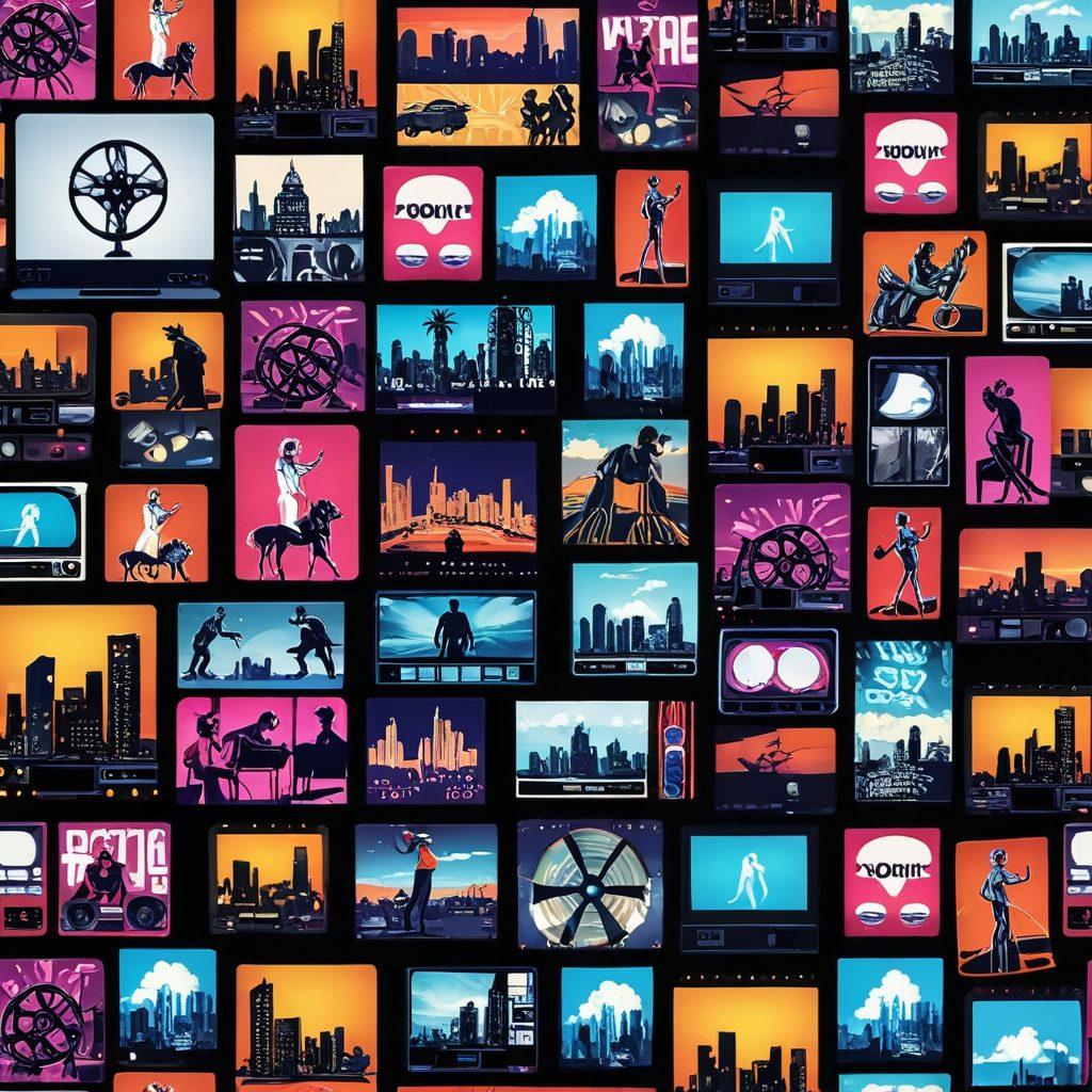 A dynamic collage depicting the evolution of adult entertainment, featuring a vintage film reel transitioning into sleek digital screens filled with vibrant online video thumbnails. Include iconic symbols of the transition, like an old cinema and a modern computer setup, intertwined with artistic representations of viewers engaging with content. Use a futuristic cityscape backdrop to signify the digital age. Incorporate bold colors for a striking visual impact. vector art. vibrant colors.