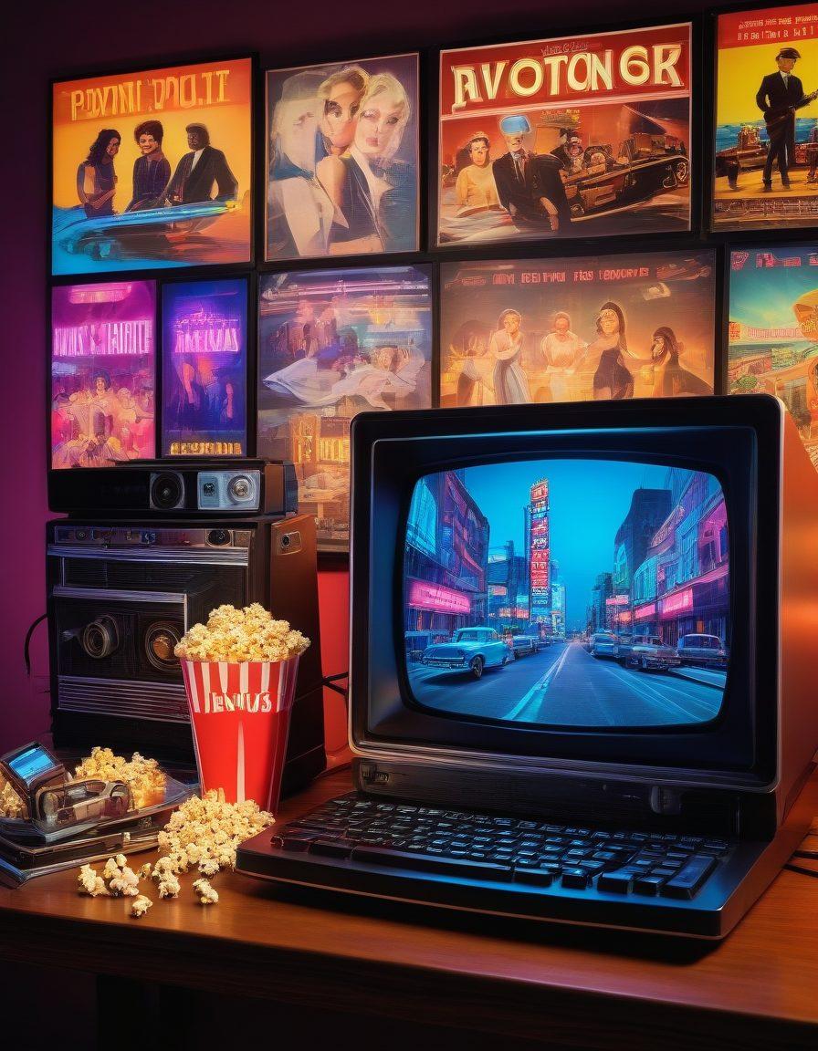 A dynamic collage showcasing the evolution of adult entertainment, featuring iconic scenes from early adult films, vintage posters, and modern streaming interfaces on digital devices. The images should transition smoothly, capturing the evolution from film reels to sleek screens. Include playful elements like a vintage film projector and a contemporary laptop, surrounded by film strips, popcorn, and vibrant neon lights. The overall mood should be bold and intriguing, reflecting a journey through time. super-realistic. vibrant colors. cinematic style.